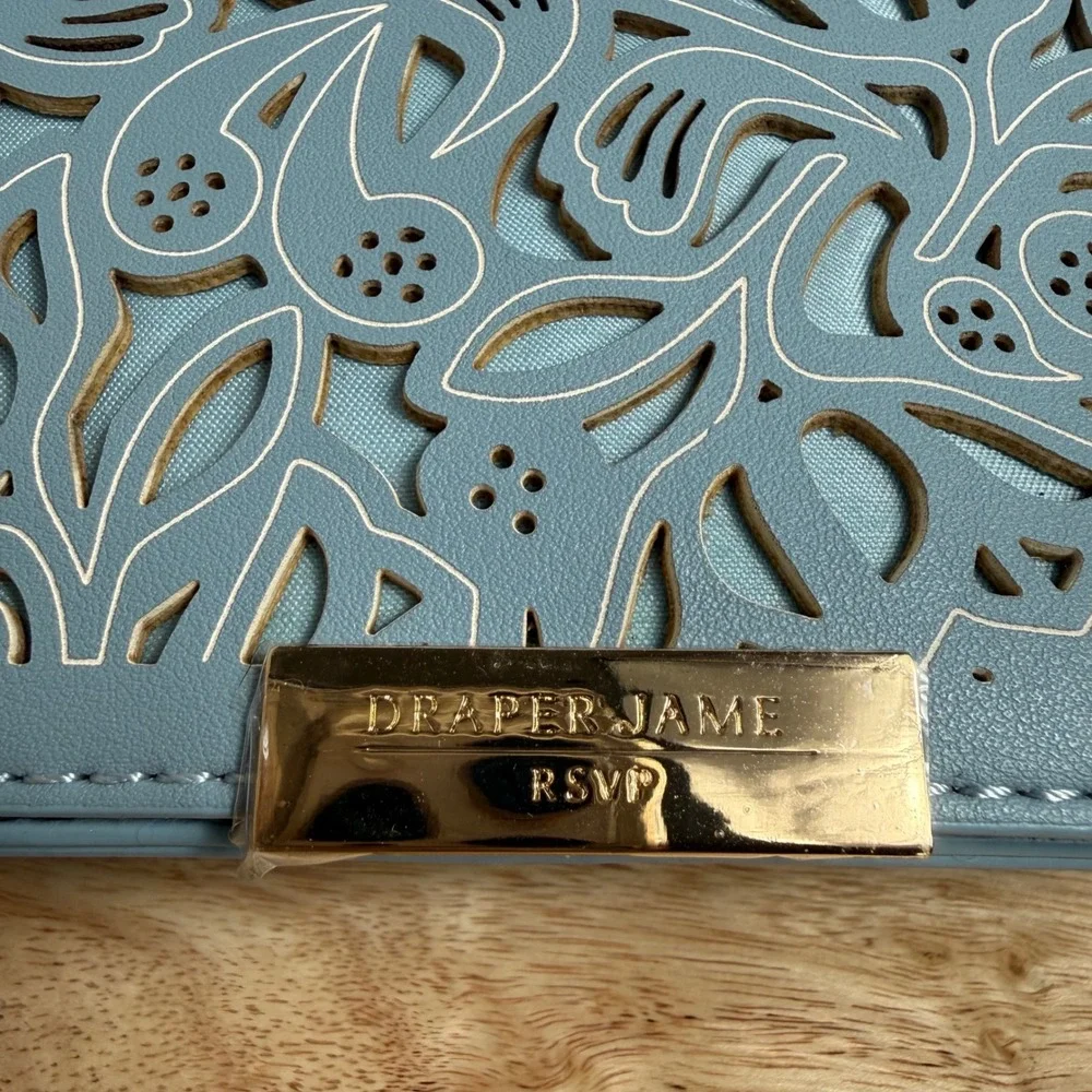 Draper James RSVP Crossbody Bag OS Blue Laser Cut Floral Cottagecore Gold Logo